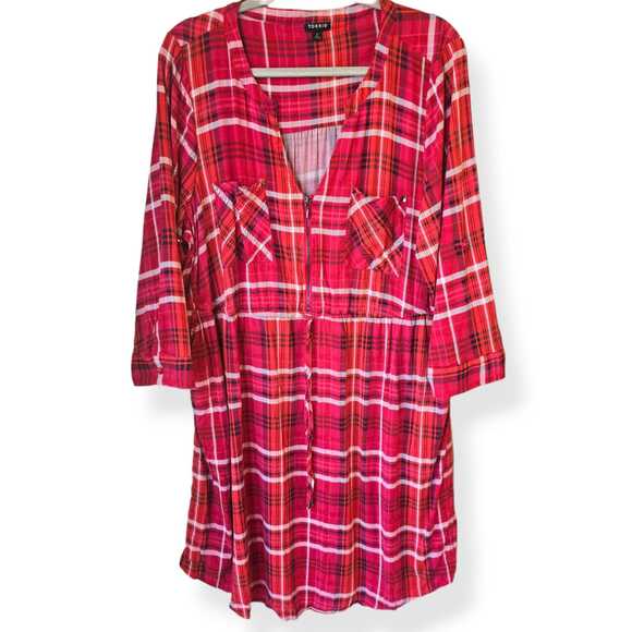 Torrid Women's Tunic Dress Size 2 2X Pink Plaid Challis Rayon Zip Roll Sleeves - Picture 1 of 10